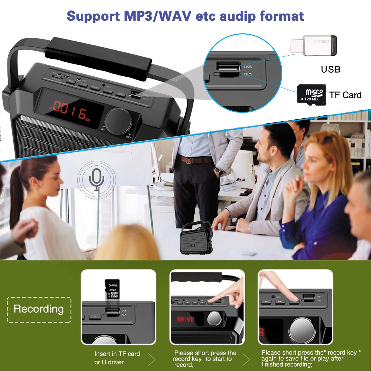 WinBridge Wireless Voice Amplifier for Teachers, 30W Portable PA System with UHF Headset Microphone & Bluetooth Speaker, for Cla